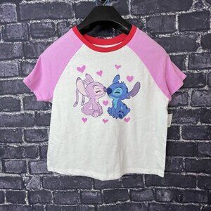 Disney XL 14 Stitch Raglan Cropped Graphic T-shirt White pink
